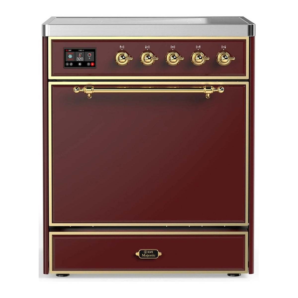 ILVE Majestic III 30-Inch Induction Range, 4 Elements, Solid Door Electric Oven, Burgundy with Brass Trim (UMIB30QNR3BUG)