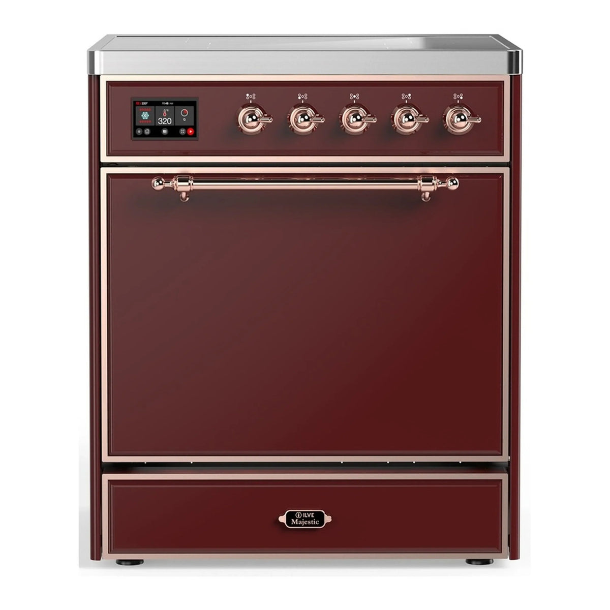 ILVE Majestic III 30-Inch Induction Range, 4 Elements, Solid Door Electric Oven, Burgundy with Copper Trim (UMIB30QNR3BUP)