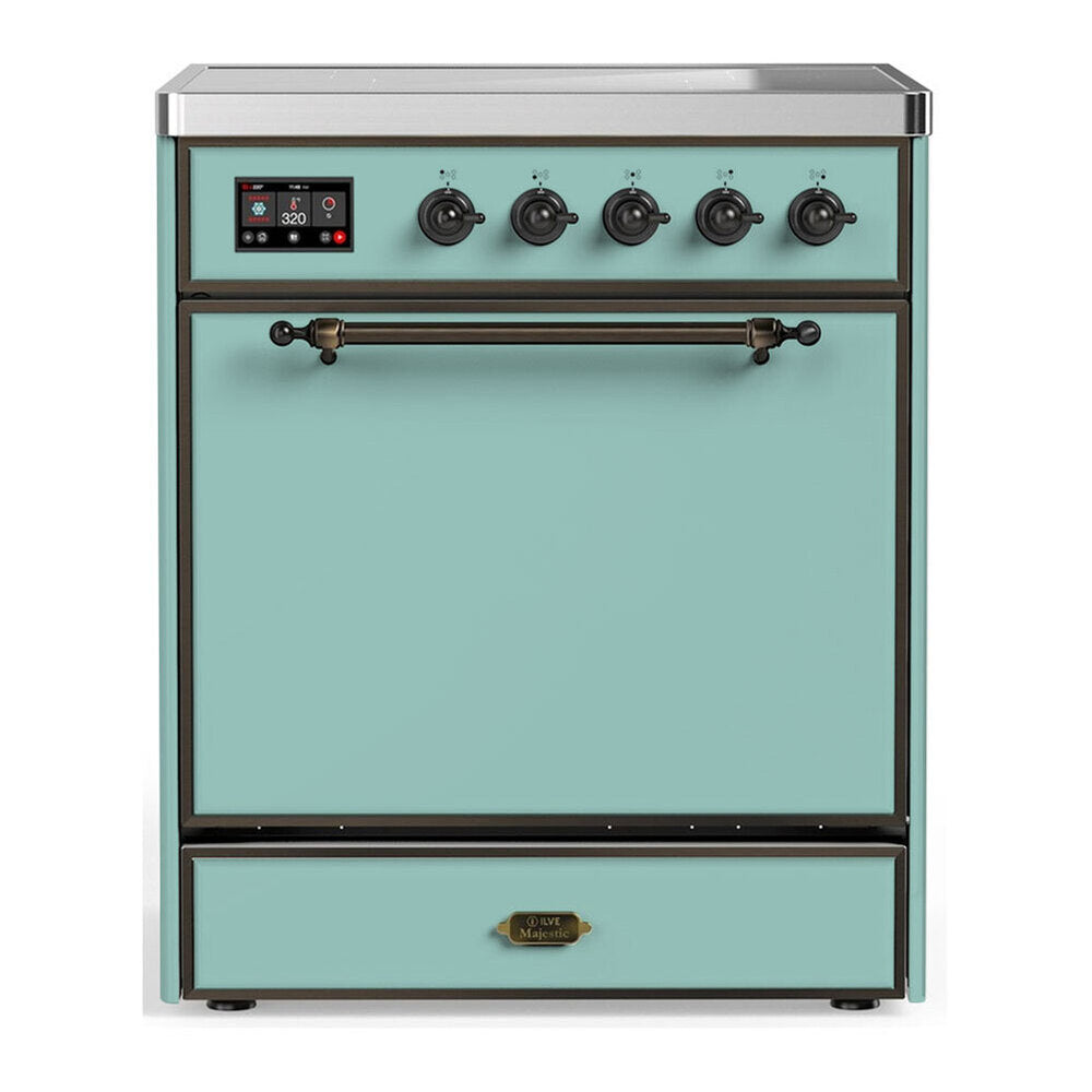 ILVE Majestic III 30-Inch Induction Range, 4 Elements, Solid Door Electric Oven, Mediterranean Mint with Burnished Trim (UMIB30QNR3MMB)