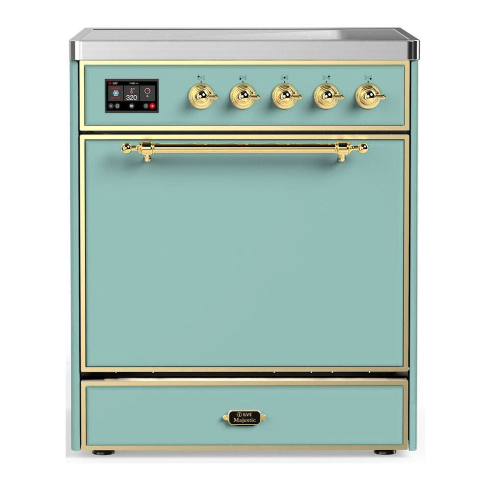 ILVE Majestic III 30-Inch Induction Range, 4 Elements, Solid Door Electric Oven, Mediterranean Mint with Brass Trim (UMIB30QNR3MMG)