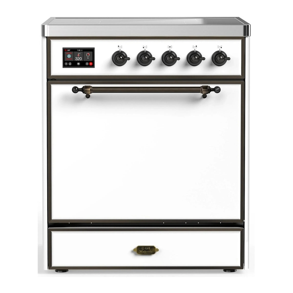 ILVE Majestic III 30-Inch Induction Range, 4 Elements, Solid Door Electric Oven, White with Burnished Trim (UMIB30QNR3WHB)