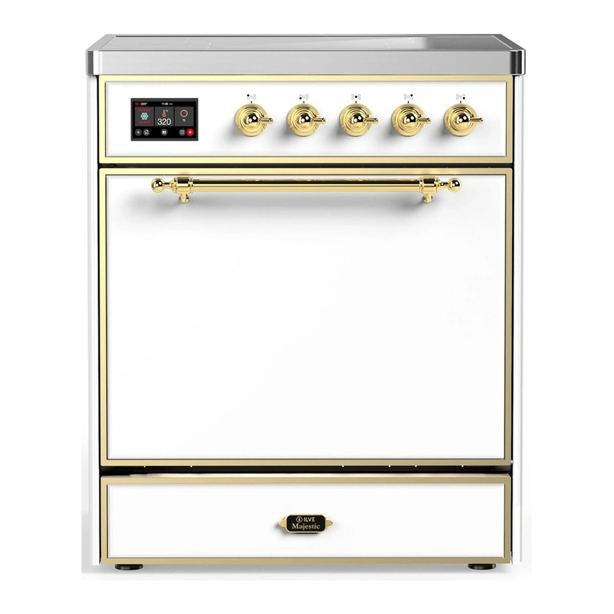 ILVE Majestic III 30-Inch Induction Range, 4 Elements, Solid Door Electric Oven, White with Brass Trim (UMIB30QNR3WHG)