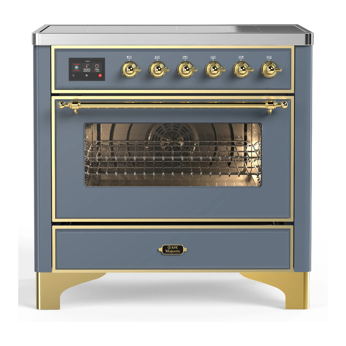 ILVE Majestic III 36-Inch Induction Range, 6 Elements, Triple Glass Door Electric Oven, Blue Grey with Brass Trim (UMIB36NR3BGG)