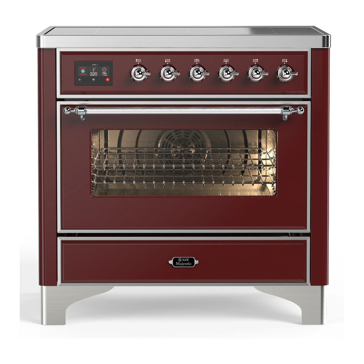 ILVE Majestic III 36-Inch Induction Range, 6 Elements, Triple Glass Door Electric Oven, Burgundy with Chrome Trim (UMIB36NR3BUC)