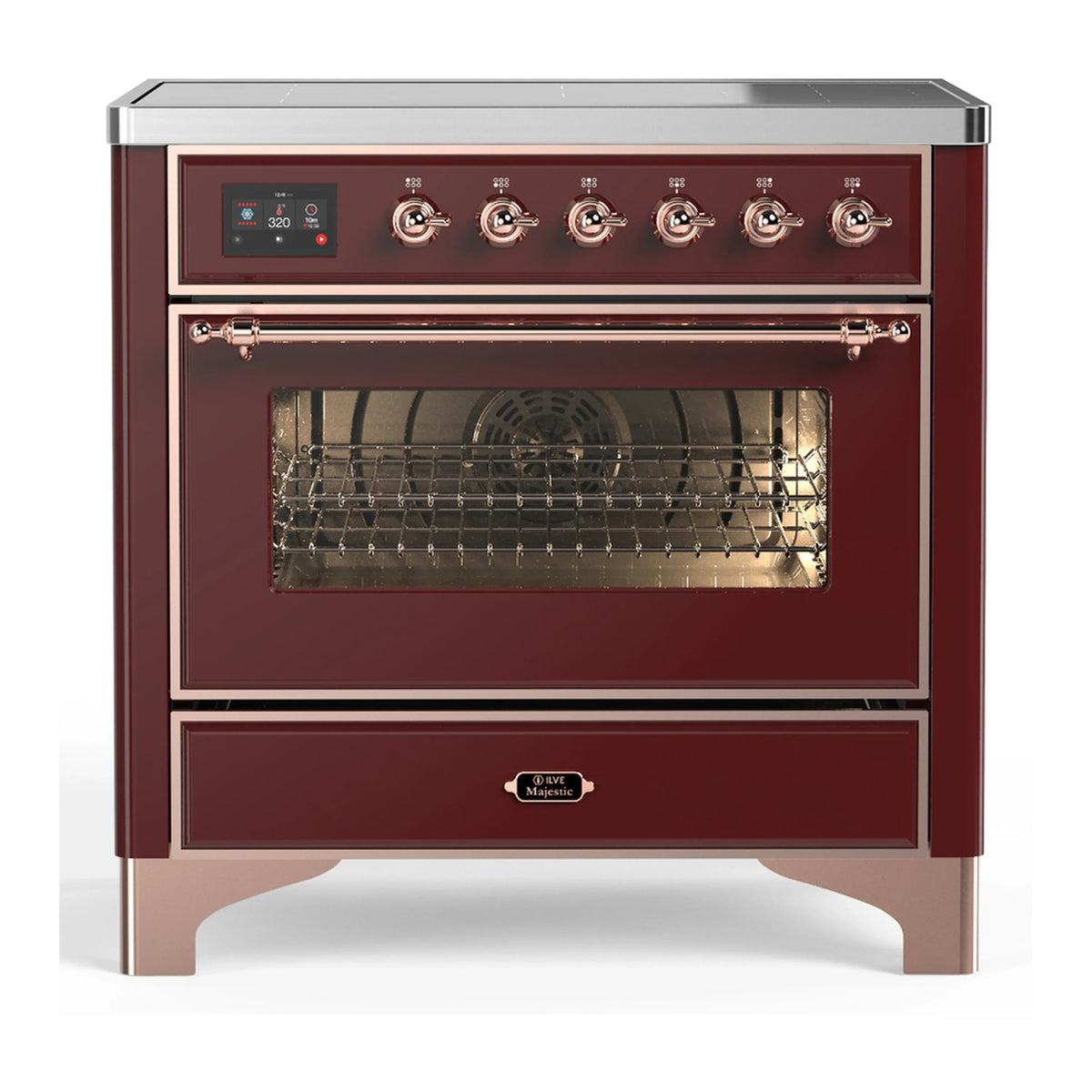 ILVE Majestic III 36-Inch Induction Range, 6 Elements, Triple Glass Door Electric Oven, Burgundy with Copper Trim (UMIB36NR3BUP)