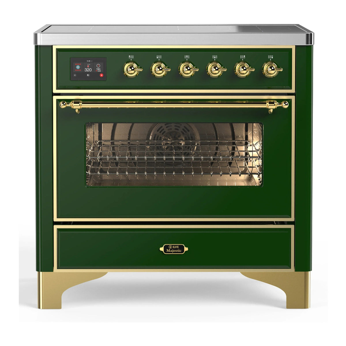 ILVE Majestic III 36-Inch Induction Range, 6 Elements, Triple Glass Door Electric Oven, Emerald Green with Brass Trim (UMIB36NR3EGG)