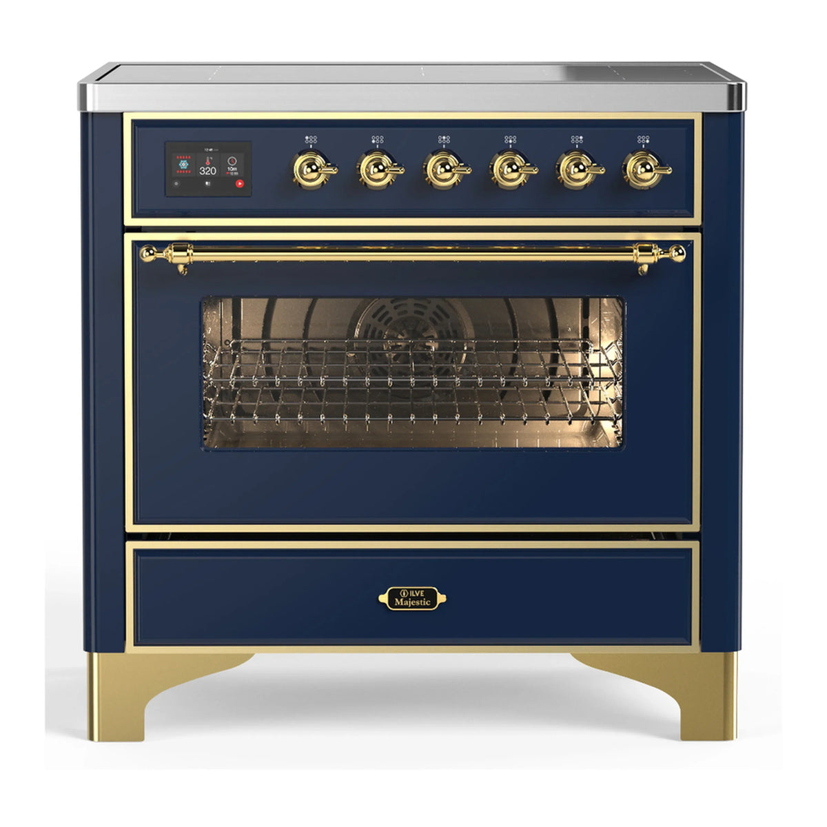 ILVE Majestic III 36-Inch Induction Range, 6 Elements, Triple Glass Door Electric Oven, Midnight Blue with Brass Trim (UMIB36NR3MBG)