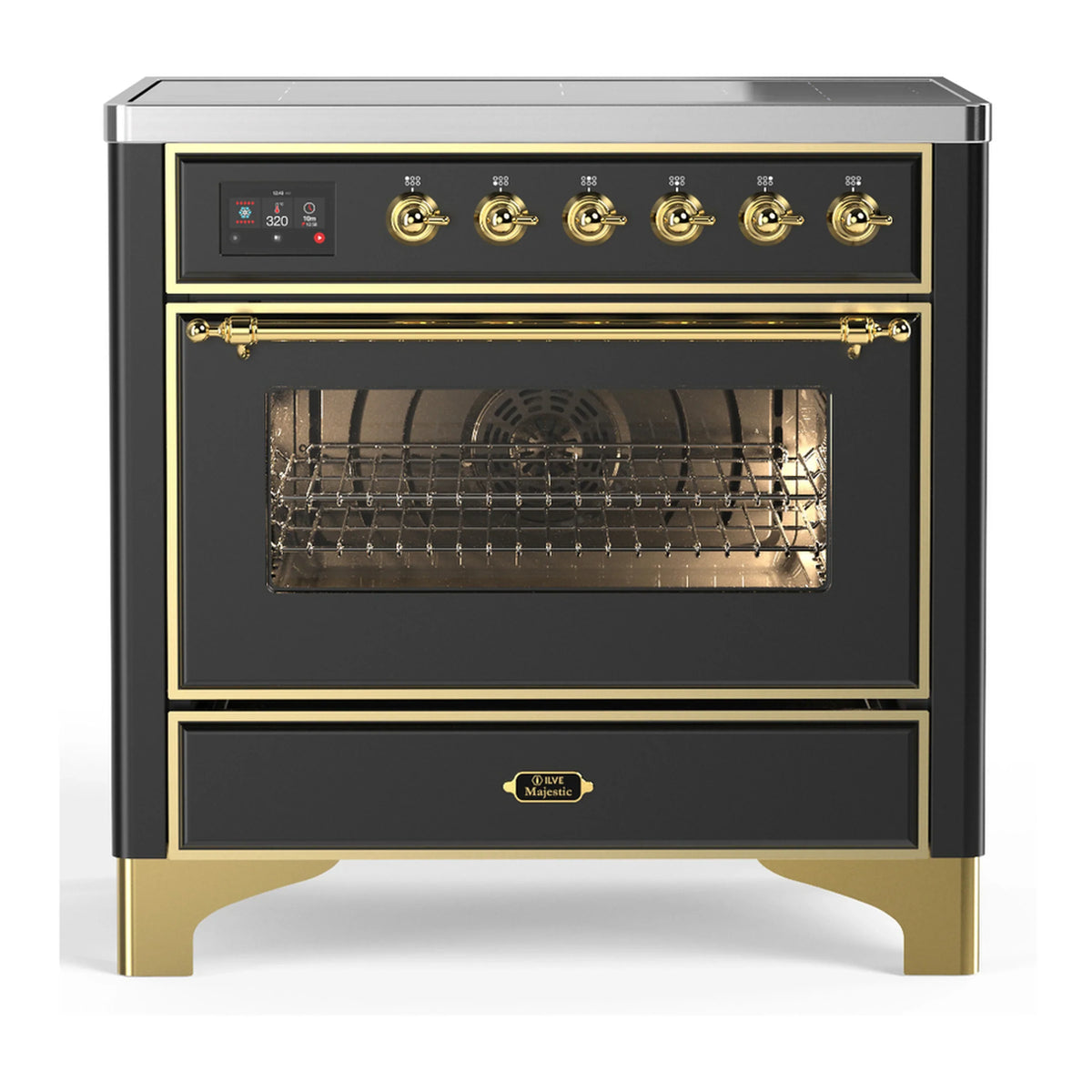 ILVE Majestic III 36-Inch Induction Range, 6 Elements, Triple Glass Door Electric Oven, Matte Graphite with Brass Trim (UMIB36NR3MGG)