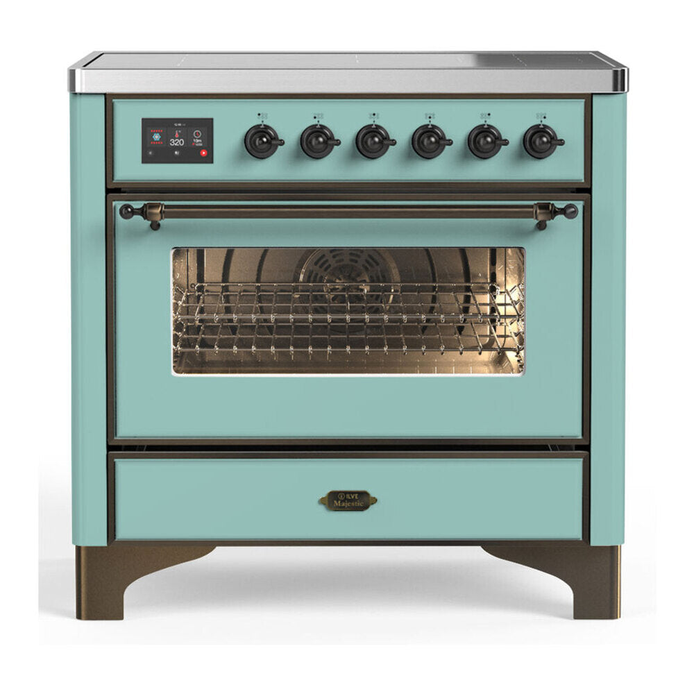 ILVE Majestic III 36-Inch Induction Range, 6 Elements, Triple Glass Door Electric Oven, Mediterranean Mint with Burnished Trim (UMIB36NR3MMB)