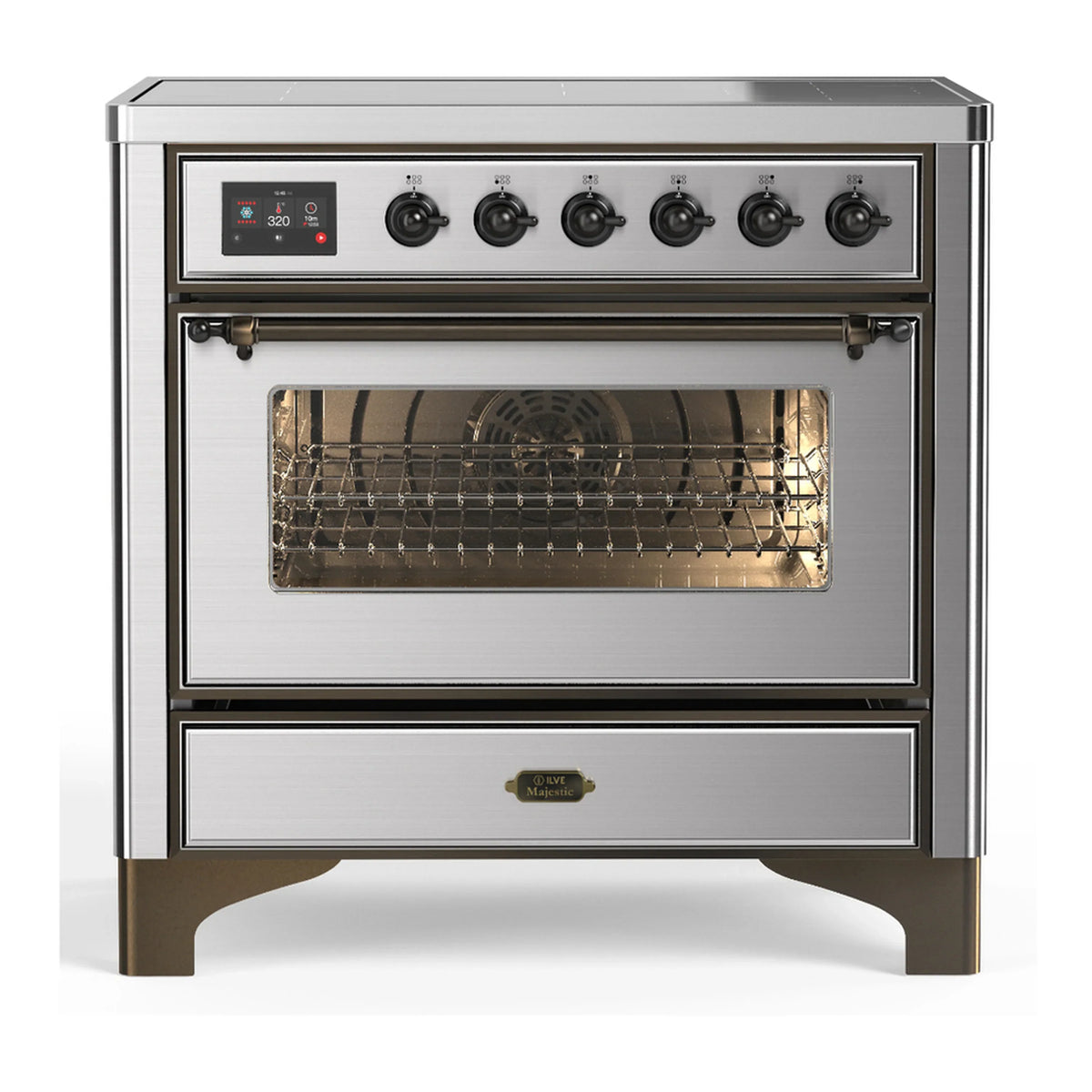 ILVE Majestic III 36-Inch Induction Range, 6 Elements, Triple Glass Door Electric Oven, Stainless Steel with Burnished Trim (UMIB36NR3SSB)