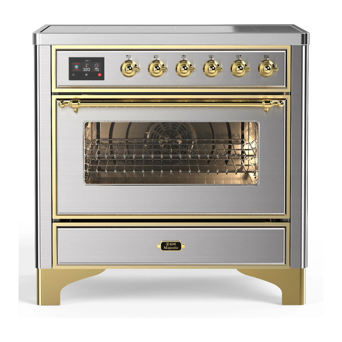 ILVE Majestic III 36-Inch Induction Range, 6 Elements, Triple Glass Door Electric Oven, Stainless Steel with Brass Trim (UMIB36NR3SSG)