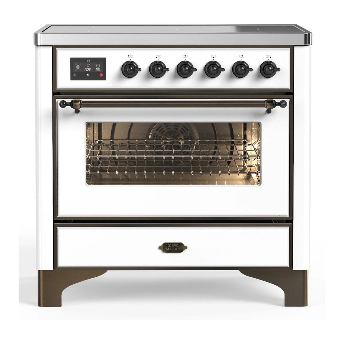 ILVE Majestic III 36-Inch Induction Range, 6 Elements, Triple Glass Door Electric Oven, White with Burnished Trim (UMIB36NR3WHB)