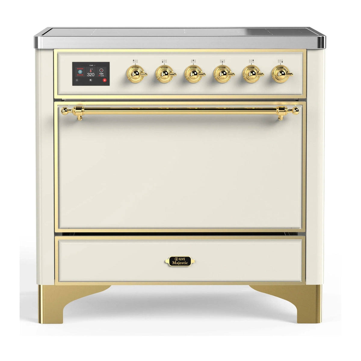 ILVE Majestic III 36-Inch Induction Range, 6 Elements, Solid Door Electric Oven, Antique White with Brass Trim (UMIB36QNR3AWG)