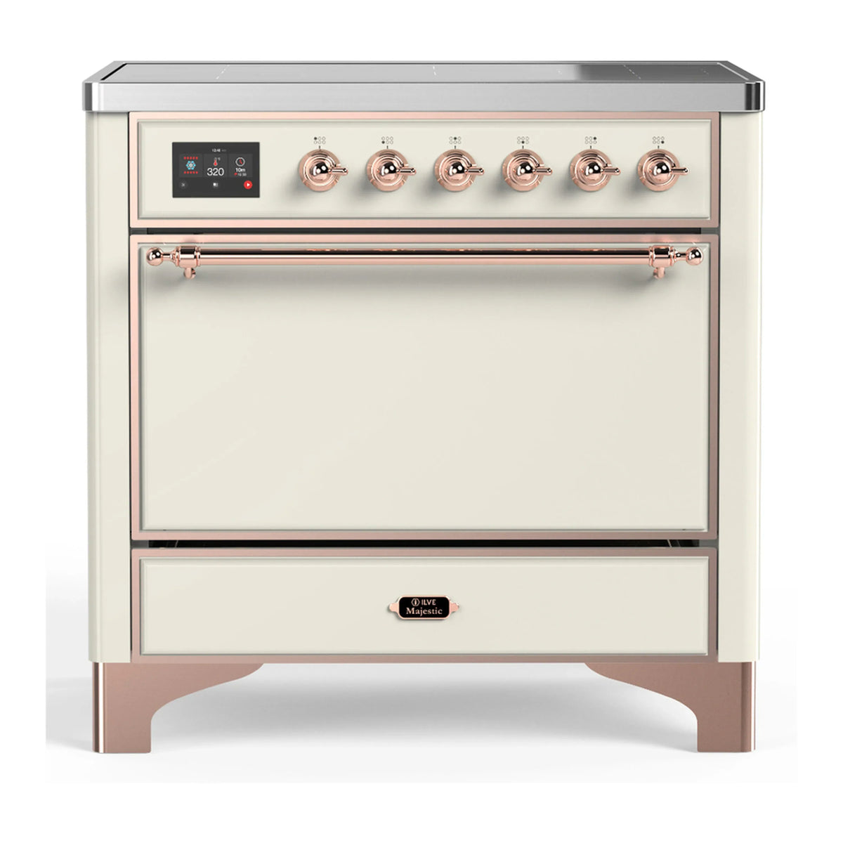 ILVE Majestic III 36-Inch Induction Range, 6 Elements, Solid Door Electric Oven, Antique White with Copper Trim (UMIB36QNR3AWP)