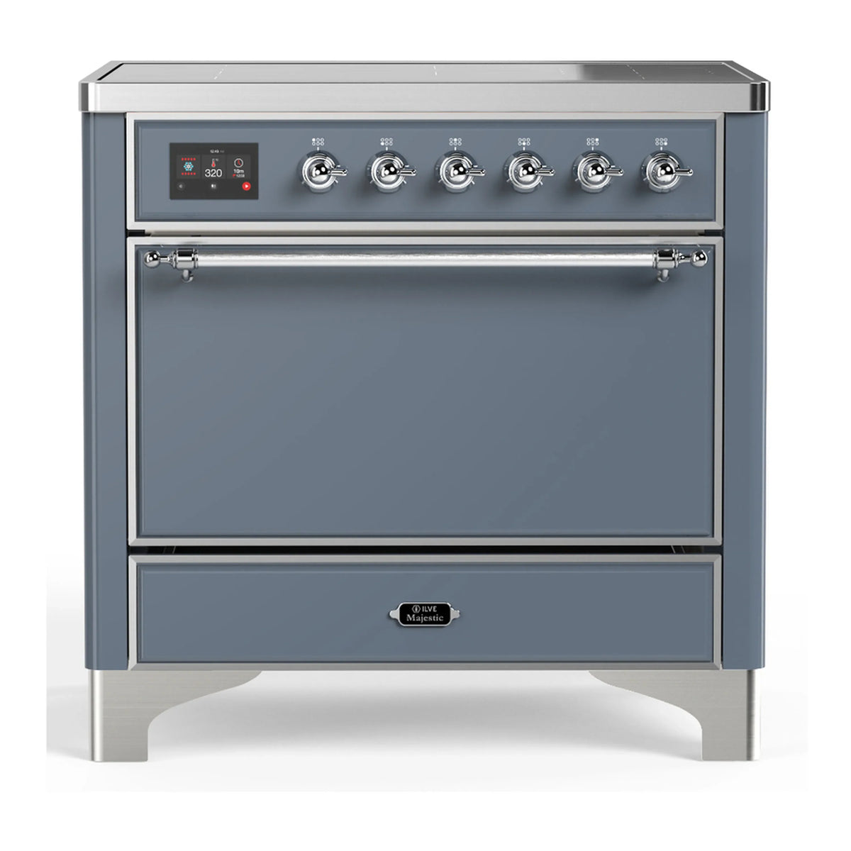 ILVE Majestic III 36-Inch Induction Range, 6 Elements, Solid Door Electric Oven, Blue Grey with Chrome Trim (UMIB36QNR3BGC)