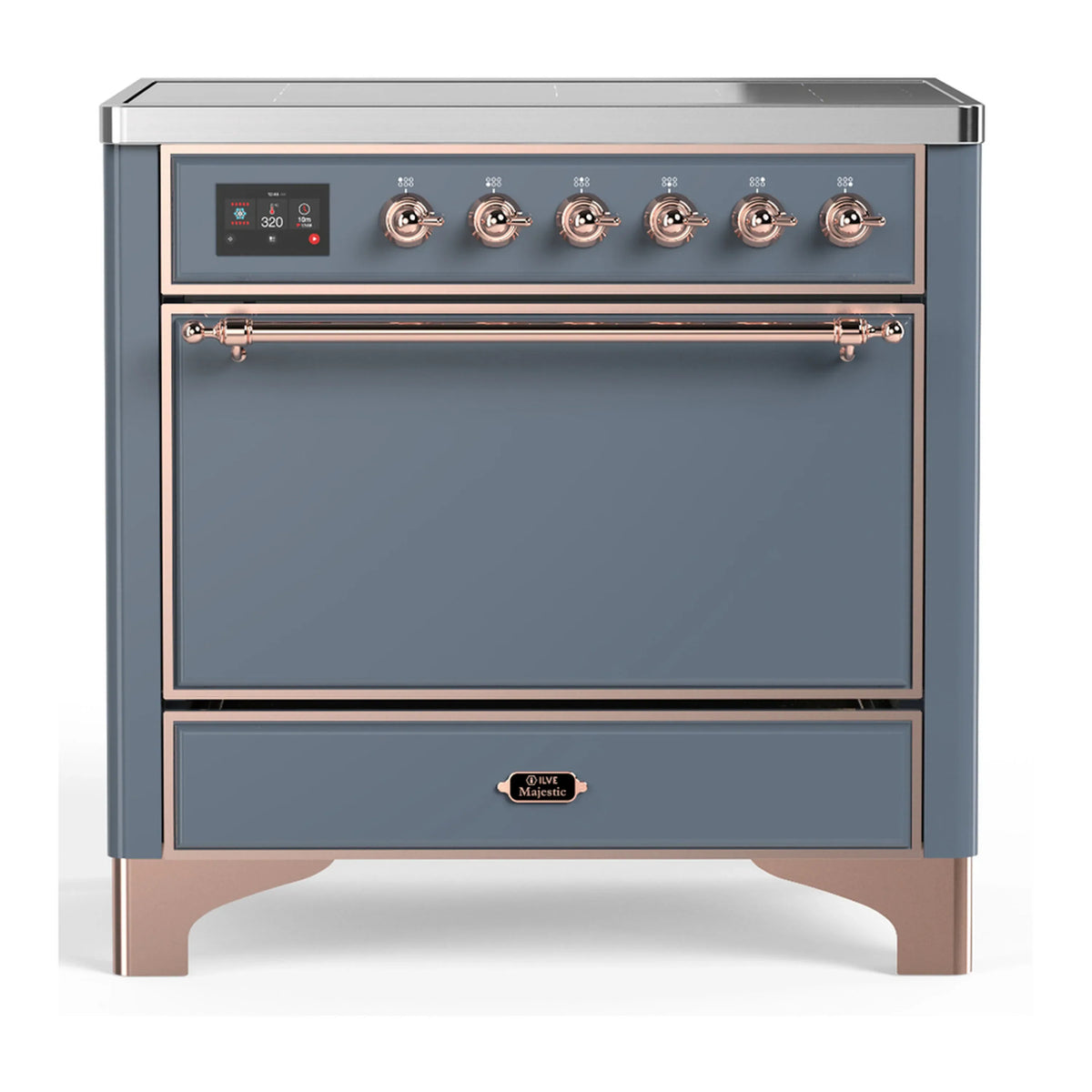 ILVE Majestic III 36-Inch Induction Range, 6 Elements, Solid Door Electric Oven, Blue Grey with Copper Trim (UMIB36QNR3BGP)