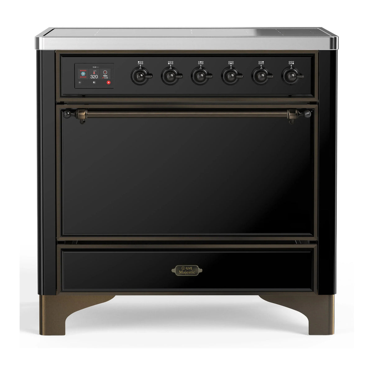ILVE Majestic III 36-Inch Induction Range, 6 Elements, Solid Door Electric Oven, Glossy Black with Burnished Trim (UMIB36QNR3BKB)