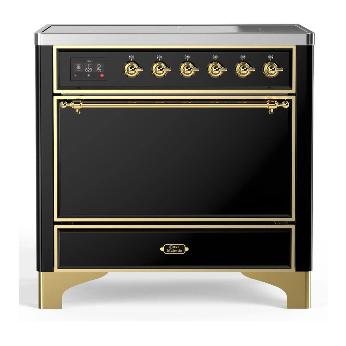 ILVE Majestic III 36-Inch Induction Range, 6 Elements, Solid Door Electric Oven, Glossy Black with Brass Trim (UMIB36QNR3BKG)