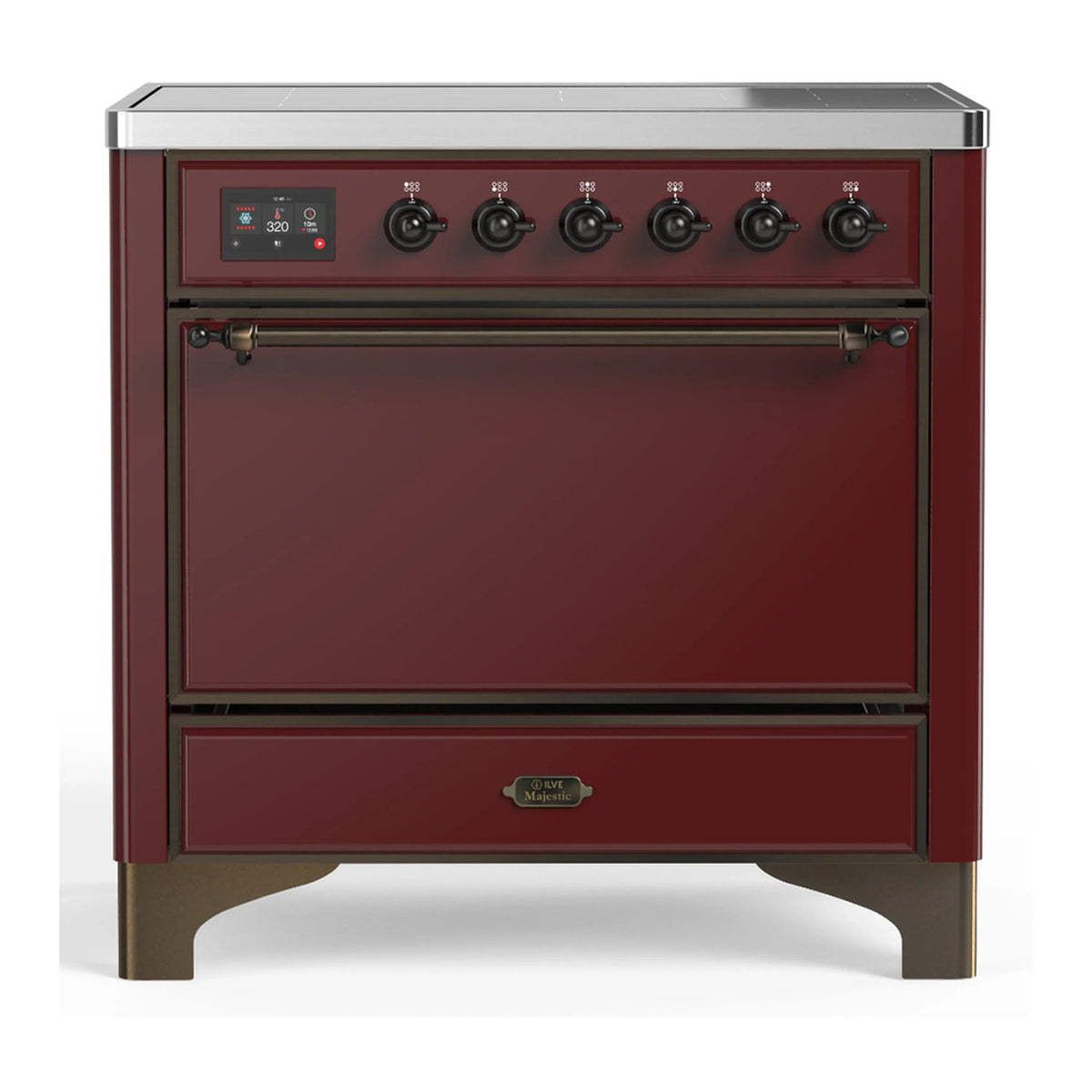 ILVE Majestic III 36-Inch Induction Range, 6 Elements, Solid Door Electric Oven, Burgundy with Burnished Trim (UMIB36QNR3BUB)