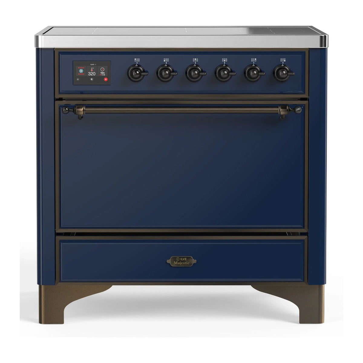 ILVE Majestic III 36-Inch Induction Range, 6 Elements, Solid Door Electric Oven, Midnight Blue with Burnished Trim (UMIB36QNR3MBB)