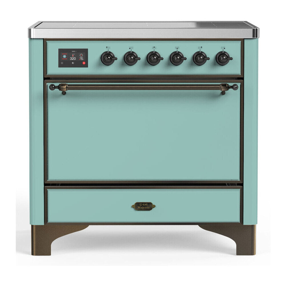 ILVE Majestic III 36-Inch Induction Range, 6 Elements, Solid Door Electric Oven, Mediterranean Mint with Burnished Trim (UMIB36QNR3MMB)