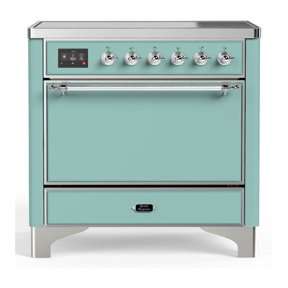ILVE Majestic III 36-Inch Induction Range, 6 Elements, Solid Door Electric Oven, Mediterranean Mint with Chrome Trim (UMIB36QNR3MMC)
