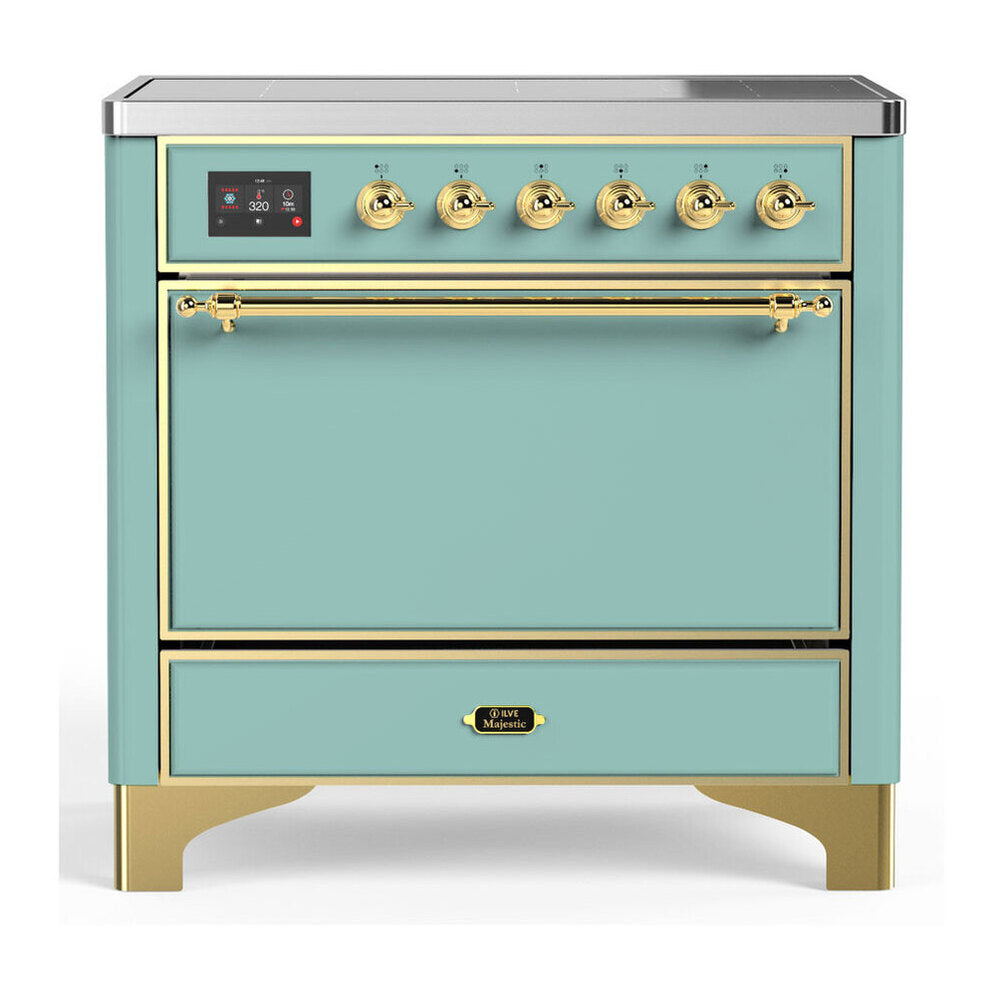 ILVE Majestic III 36-Inch Induction Range, 6 Elements, Solid Door Electric Oven, Mediterranean Mint with Brass Trim (UMIB36QNR3MMG)