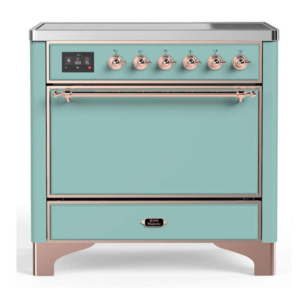 ILVE Majestic III 36-Inch Induction Range, 6 Elements, Solid Door Electric Oven, Mediterranean Mint with Copper Trim (UMIB36QNR3MMP)