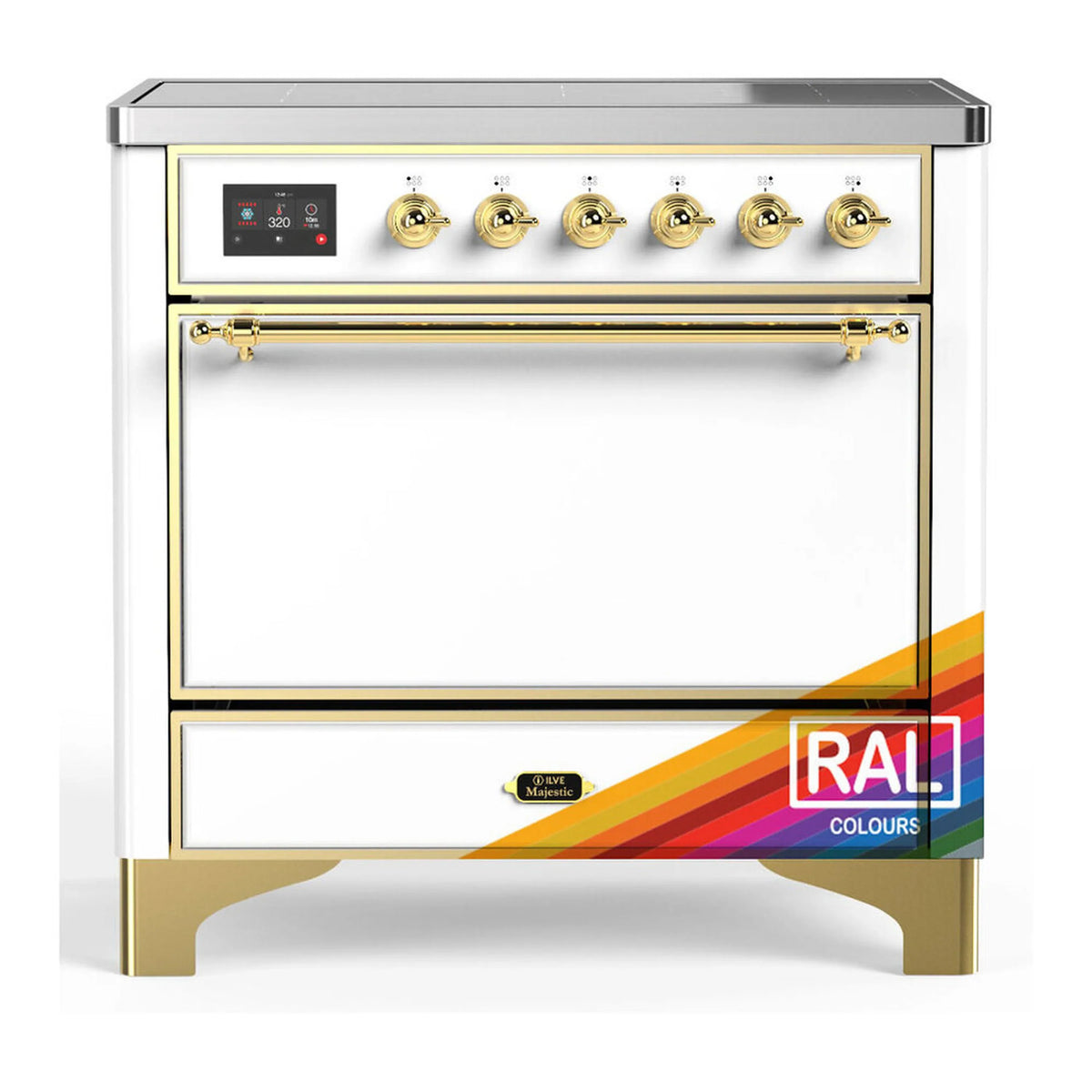 ILVE Majestic III 36-Inch Induction Range, 6 Elements, Solid Door Electric Oven, RAL with Brass Trim (UMIB36QNR3RAG)