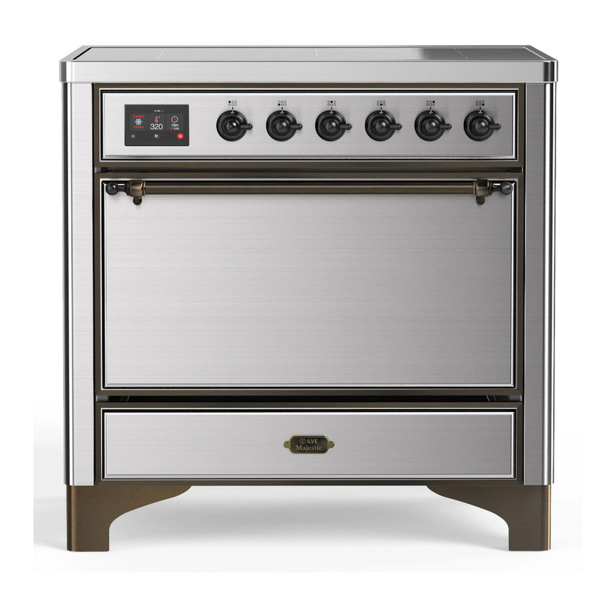 ILVE Majestic III 36-Inch Induction Range, 6 Elements, Solid Door Electric Oven, Stainless Steel with Burnished Trim (UMIB36QNR3SSB)