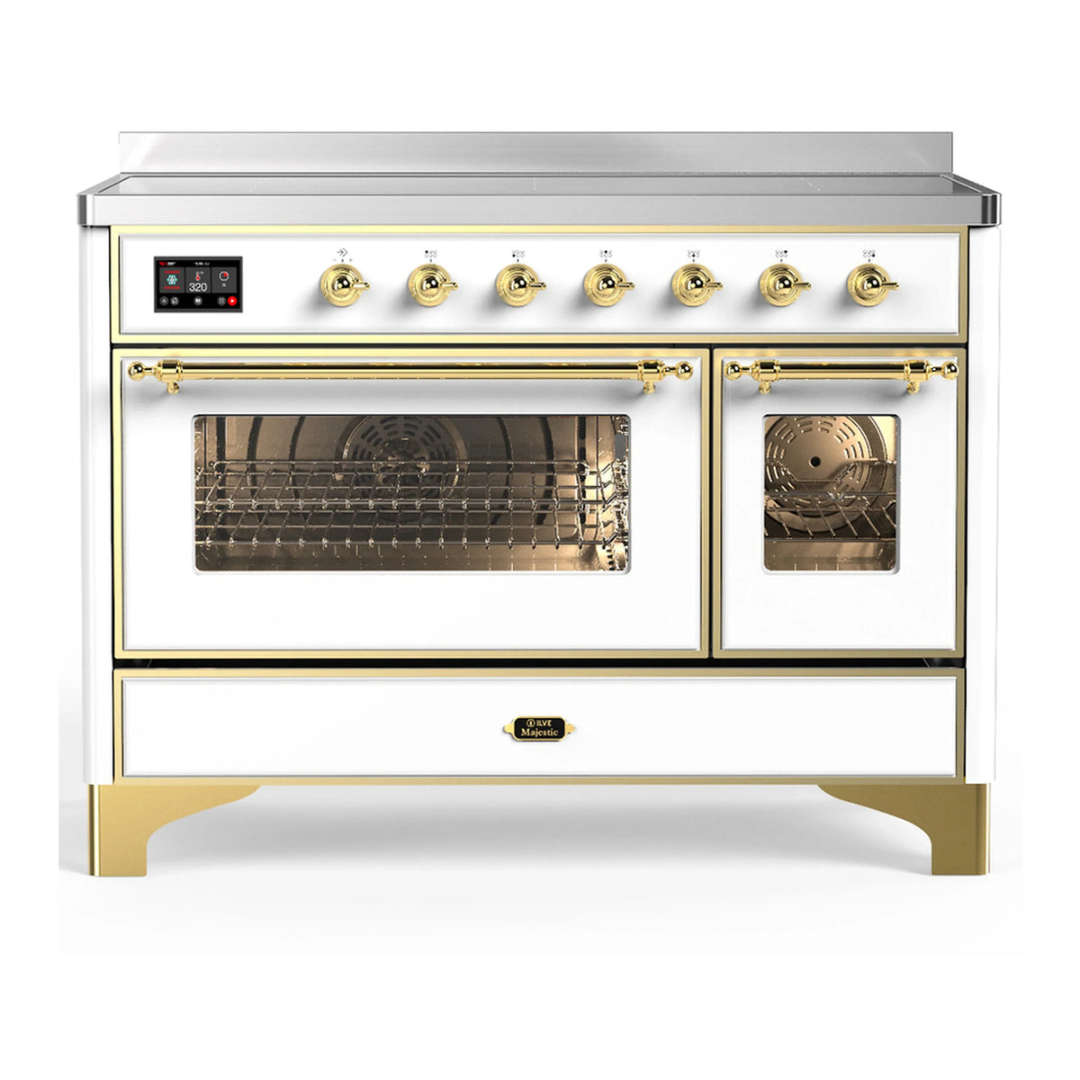 ILVE Majestic III 48-Inch Induction Range, 6 Elements, Triple Glass Door Electric Oven, White with Brass Trim (UMIB48NR3WHG)