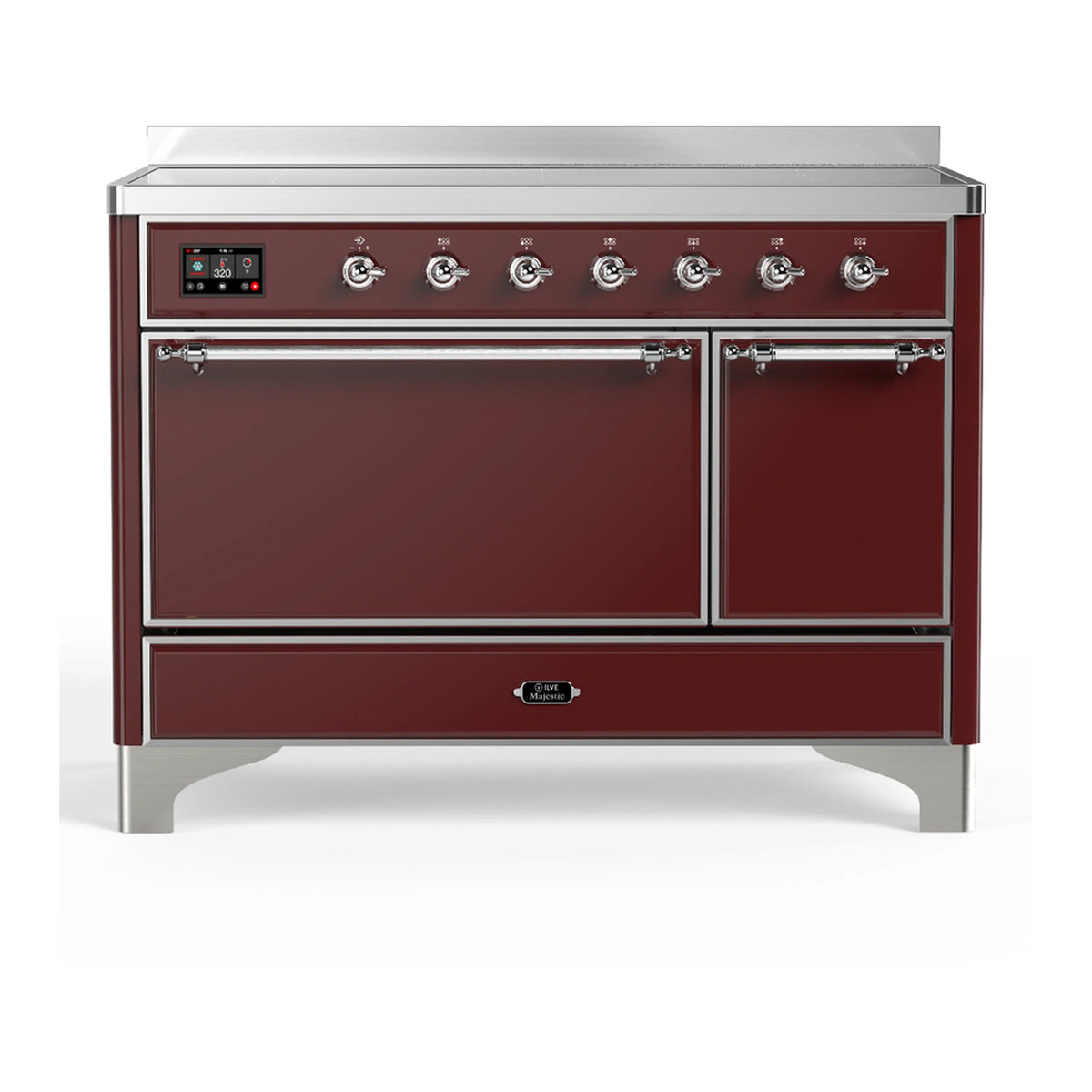 ILVE Majestic III 48-Inch Induction Range, 6 Elements, Solid Door Electric Oven, Burgundy with Chrome Trim (UMIB48QNR3BUC)