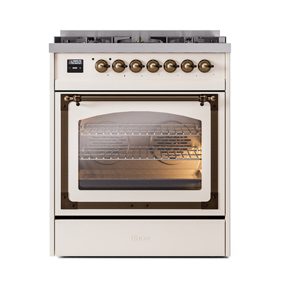 ILVE Nostalgie II Noblesse 30-Inch Propane Gas Dual Fuel Range, Triple Glass Door Oven, Antique White with Burnished Bronze Trim (UN30NMPAWBLP)