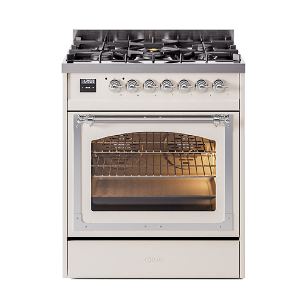 ILVE Nostalgie II Noblesse 30-Inch Propane Gas Dual Fuel Range, Triple Glass Door Oven, Antique White with Chrome Trim (UN30NMPAWCLP)