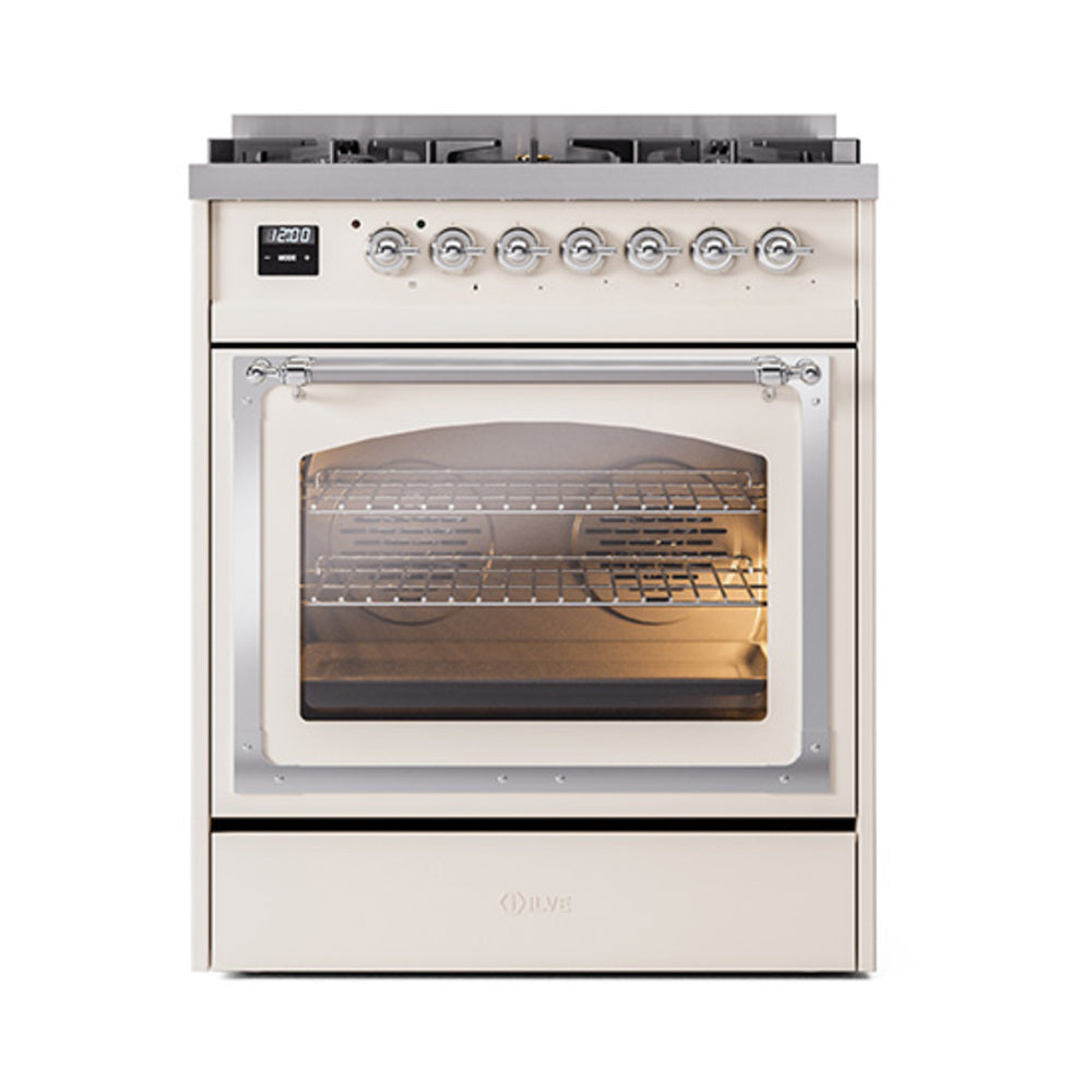 ILVE Nostalgie II Noblesse 30-Inch Propane Gas Dual Fuel Range, Triple Glass Door Oven, Antique White with Chrome Trim (UN30NMPAWCLP)