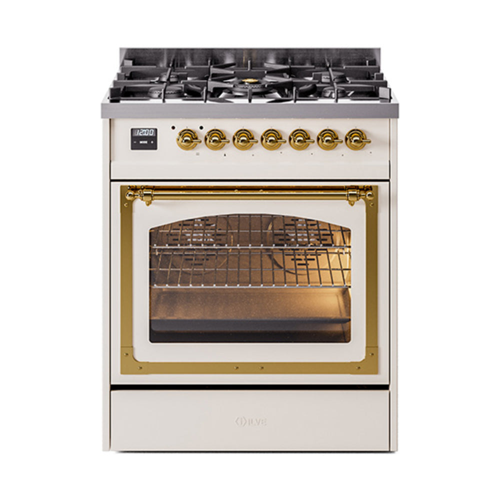 ILVE Nostalgie II Noblesse 30-Inch Propane Gas Dual Fuel Range, Triple Glass Door Oven, Antique White with Brass Trim (UN30NMPAWGLP)