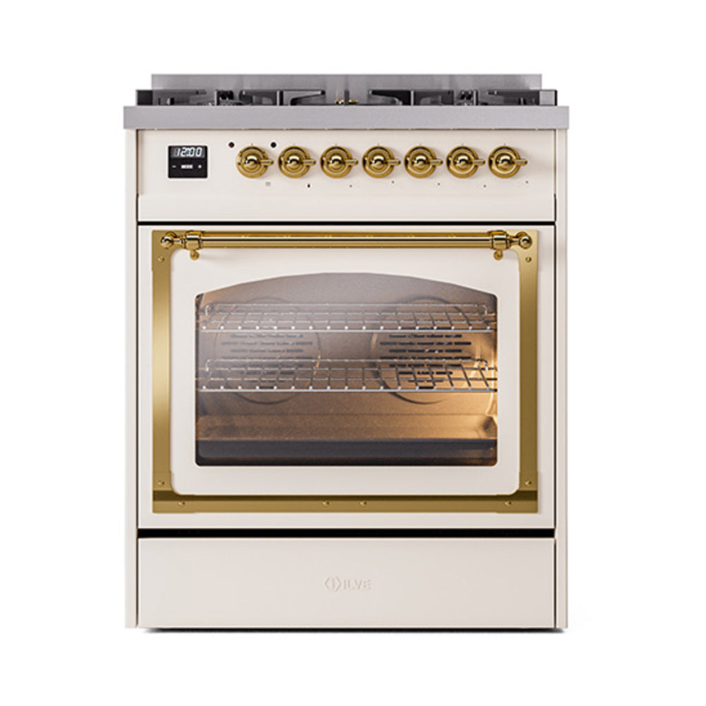 ILVE Nostalgie II Noblesse 30-Inch Natural Gas Dual Fuel Range, Triple Glass Door Oven, Antique White with Brass Trim (UN30NMPAWG)