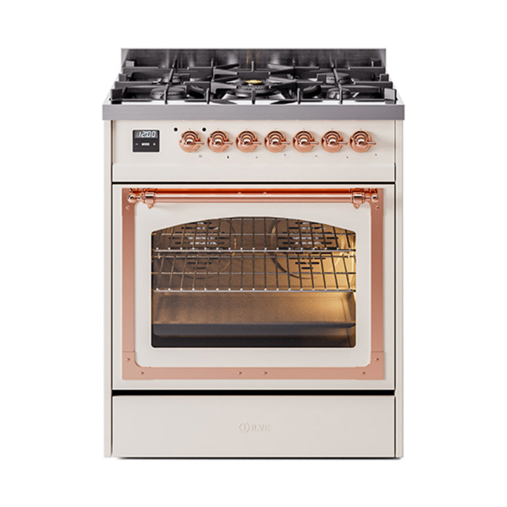 ILVE Nostalgie II Noblesse 30-Inch Natural Gas Dual Fuel Range, Triple Glass Door Oven, Antique White with Copper Trim (UN30NMPAWP)