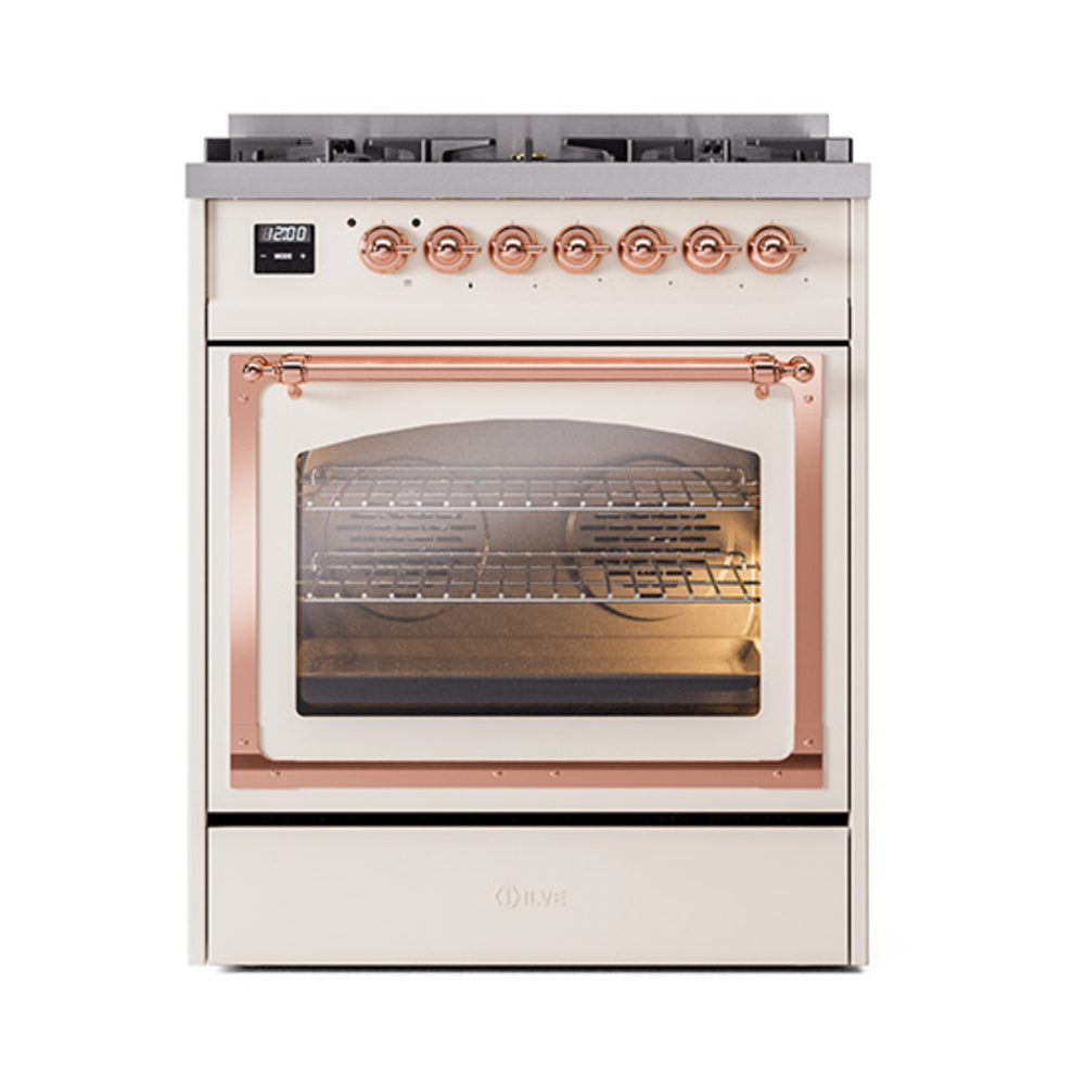 ILVE Nostalgie II Noblesse 30-Inch Propane Gas Dual Fuel Range, Triple Glass Door Oven, Antique White with Copper Trim (UN30NMPAWPLP)