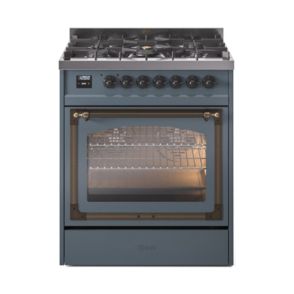 ILVE Nostalgie II Noblesse 30-Inch Propane Gas Dual Fuel Range, Triple Glass Door Oven, Blue Grey with Burnished Bronze Trim (UN30NMPBGBLP)