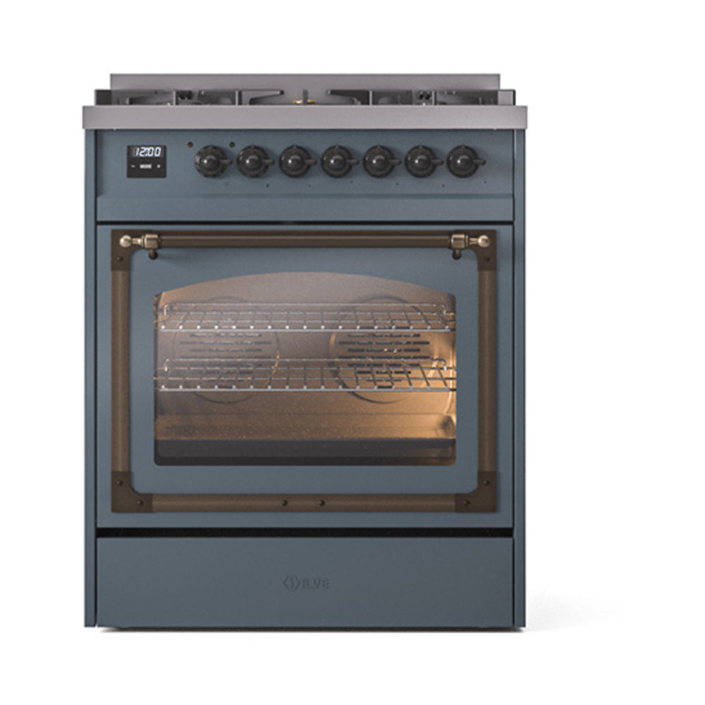 ILVE Nostalgie II Noblesse 30-Inch Natural Gas Dual Fuel Range, Triple Glass Door Oven, Blue Grey with Burnished Bronze Trim (UN30NMPBGB)