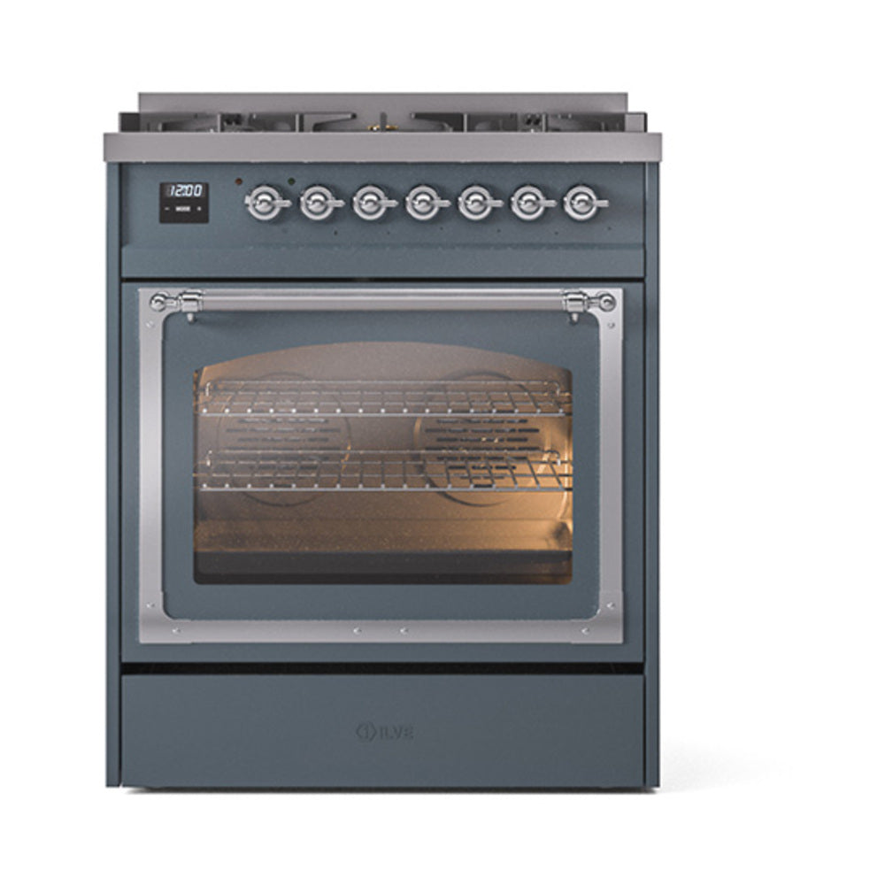 ILVE Nostalgie II Noblesse 30-Inch Propane Gas Dual Fuel Range, Triple Glass Door Oven, Blue Grey with Chrome Trim (UN30NMPBGCLP)