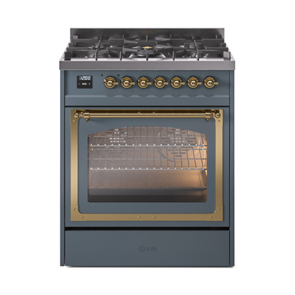 ILVE Nostalgie II Noblesse 30-Inch Natural Gas Dual Fuel Range, Triple Glass Door Oven, Blue Grey with Brass Trim (UN30NMPBGG)
