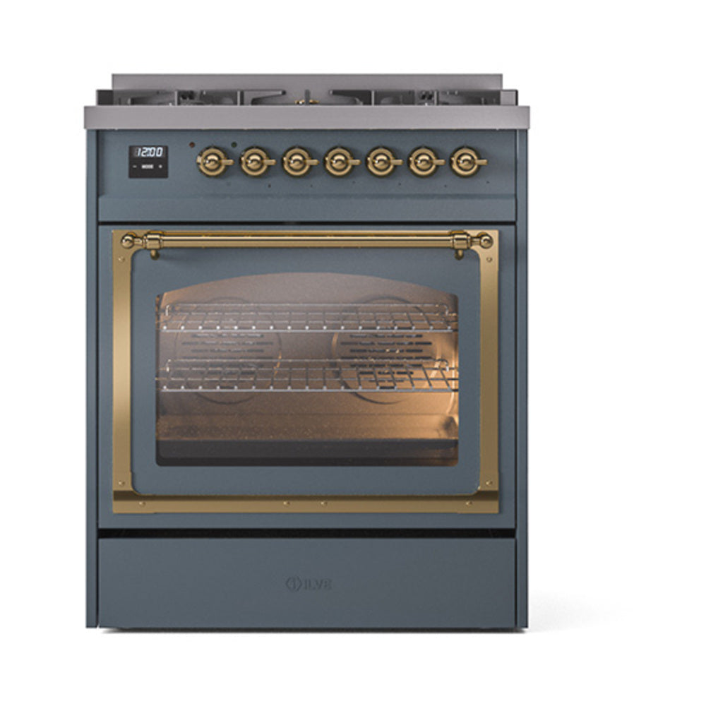 ILVE Nostalgie II Noblesse 30-Inch Propane Gas Dual Fuel Range, Triple Glass Door Oven, Blue Grey with Brass Trim (UN30NMPBGGLP)