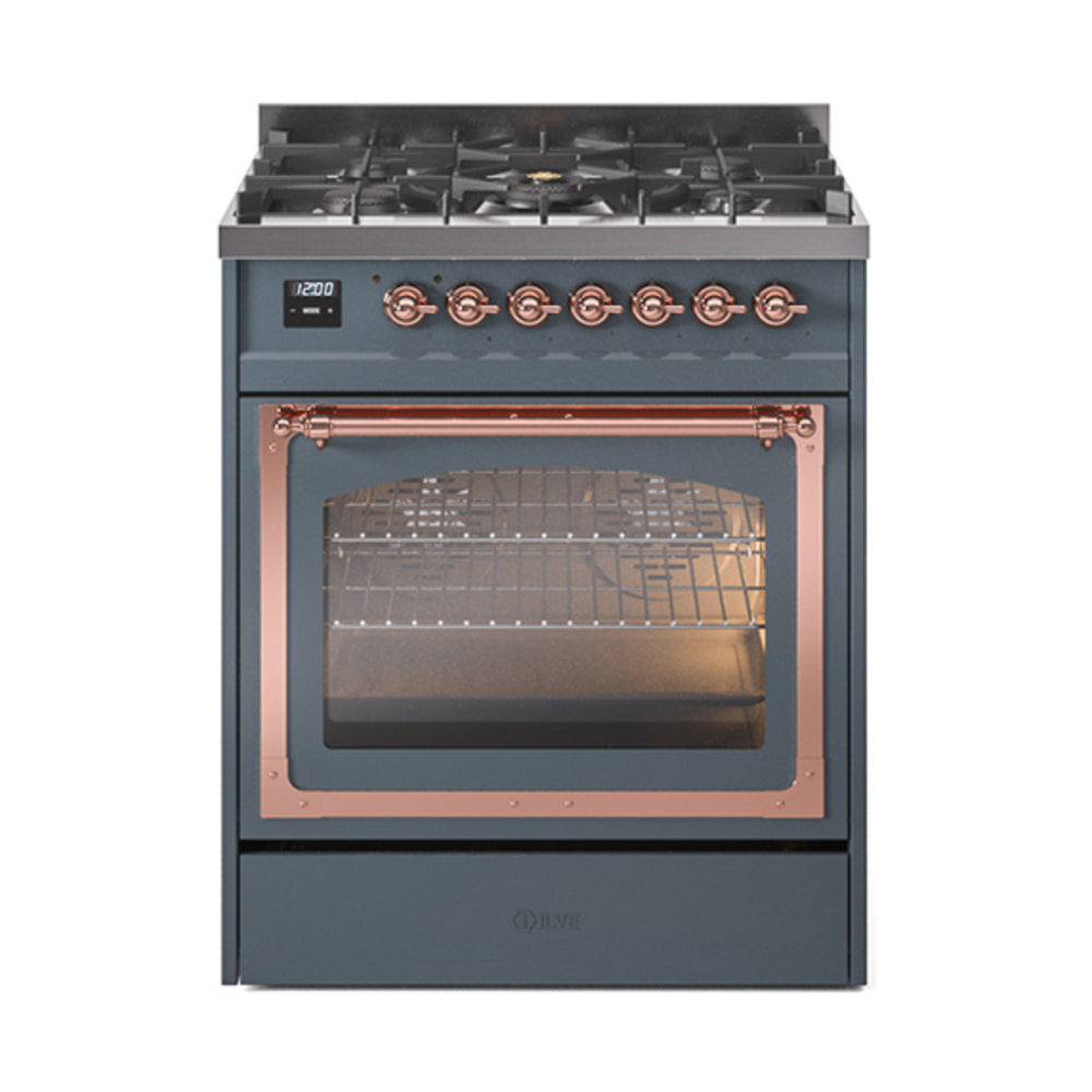 ILVE Nostalgie II Noblesse 30-Inch Propane Gas Dual Fuel Range, Triple Glass Door Oven, Blue Grey with Copper Trim (UN30NMPBGPLP)