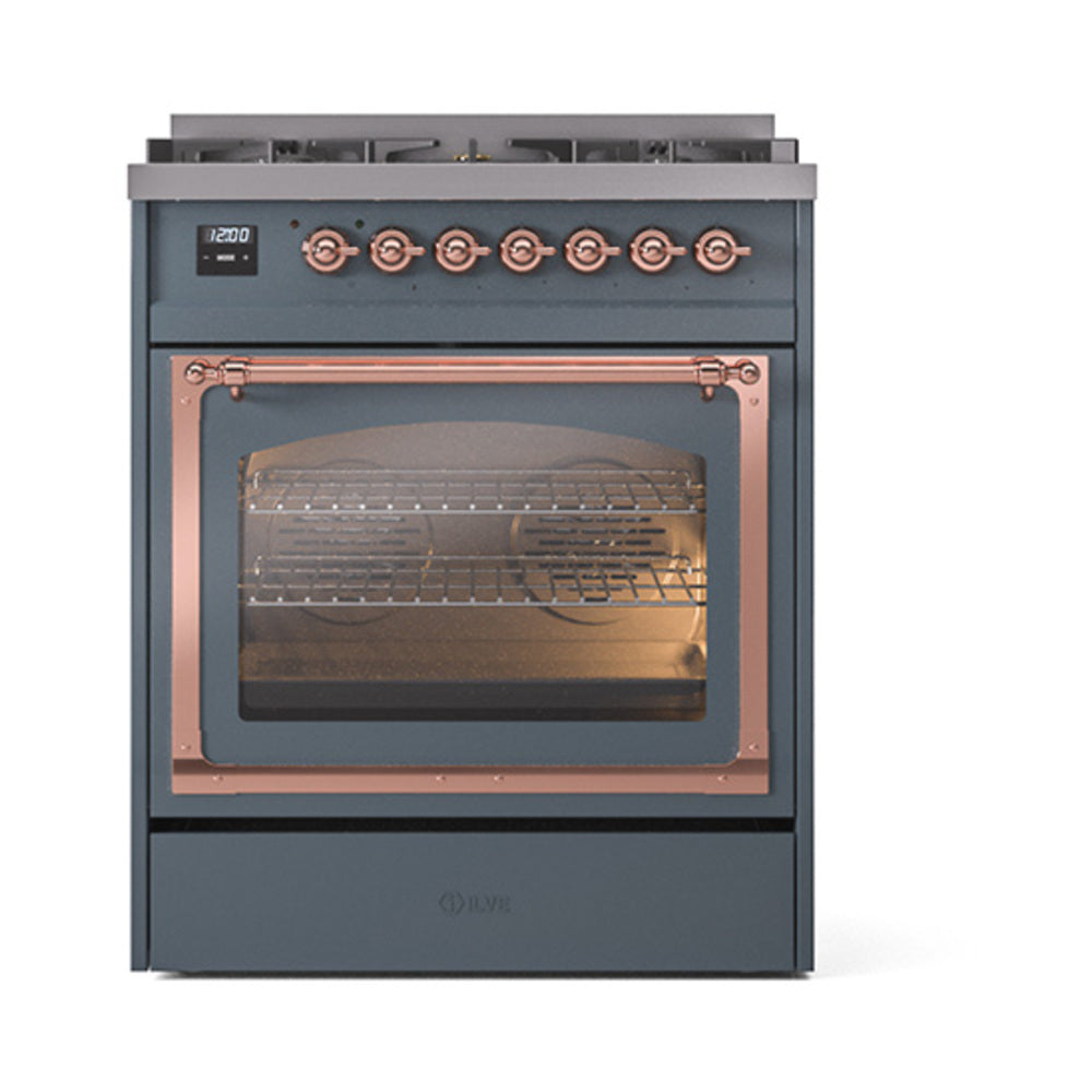 ILVE Nostalgie II Noblesse 30-Inch Propane Gas Dual Fuel Range, Triple Glass Door Oven, Blue Grey with Copper Trim (UN30NMPBGPLP)