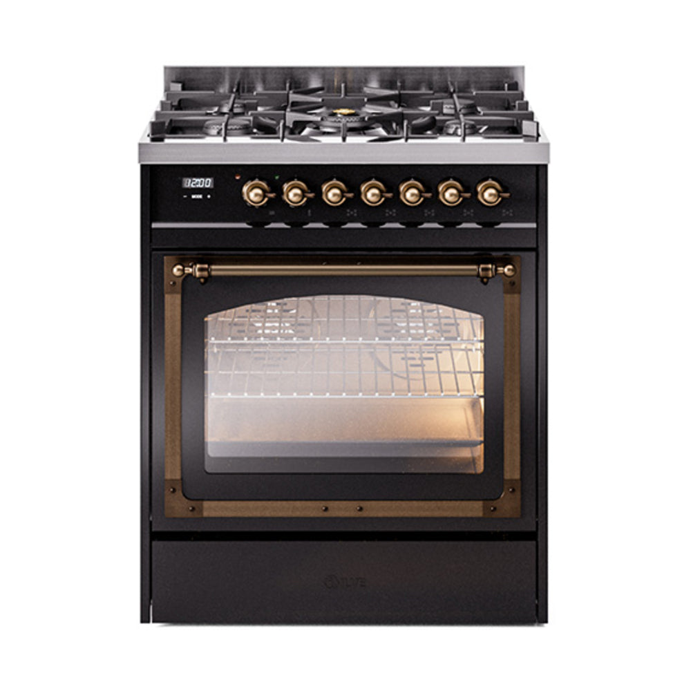 ILVE Nostalgie II Noblesse 30-Inch Natural Gas Dual Fuel Range, Triple Glass Door Oven, Glossy Black with Burnished Bronze Trim (UN30NMPBKB)