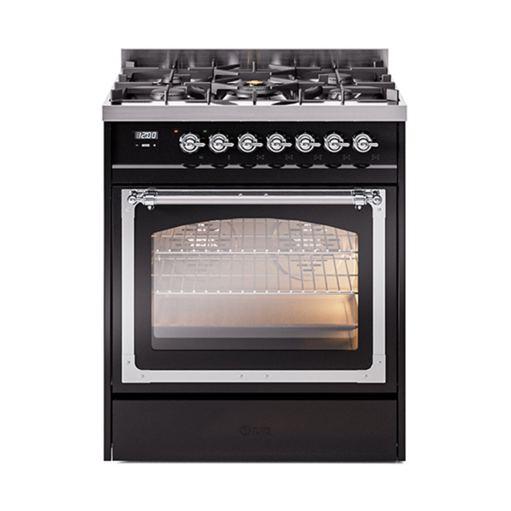 ILVE Nostalgie II Noblesse 30-Inch Propane Gas Dual Fuel Range, Triple Glass Door Oven, Glossy Black with Chrome Trim (UN30NMPBKCLP)