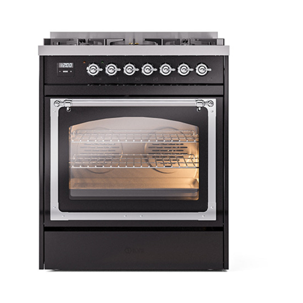 ILVE Nostalgie II Noblesse 30-Inch Natural Gas Dual Fuel Range, Triple Glass Door Oven, Glossy Black with Chrome Trim (UN30NMPBKC)