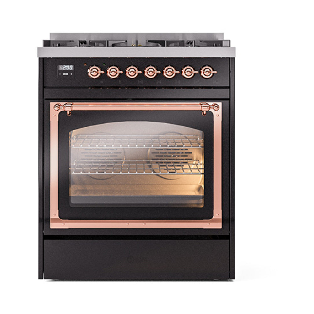 ILVE Nostalgie II Noblesse 30-Inch Propane Gas Dual Fuel Range, Triple Glass Door Oven, Glossy Black with Copper Trim (UN30NMPBKPLP)